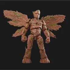 A highly detailed Groot toy, showing green moss and a wood texture, with large wings attached.