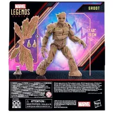 Back view of a Marvel Legends series box with a picture of the Groot action figure, a small raccoon, and text.