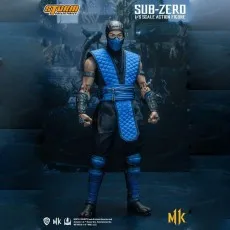 An action figure of Sub-Zero, a male ninja in a blue suit and mask, posing.