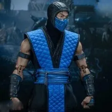 A close-up of the Mortal Kombat Sub-Zero action figure in his blue ninja suit.