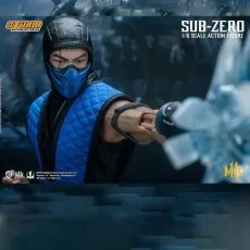 A close-up of the Sub-Zero action figure with his blue mask and a translucent ice shard.