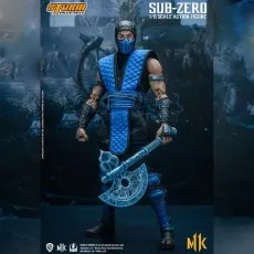 A Sub-Zero collectible figure with his ice axe accessory, standing in a dynamic pose.