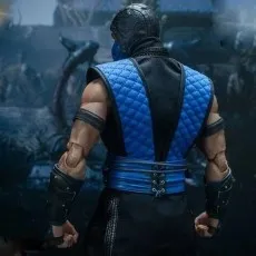 The back of a Sub-Zero collectible figure, showing his quilted vest and detailed arm guards.