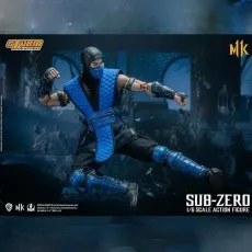 The Mortal Kombat Sub-Zero action figure in a high kick pose on a dark background.