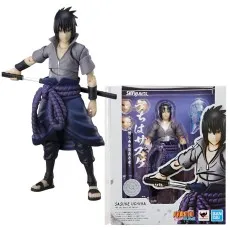 An S.H. Figuarts Sasuke Uchiha action figure holding a sword, shown with its packaging.