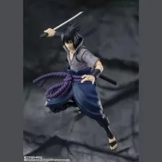 A full-body shot of the Sasuke Uchiha action figure in an action pose with a sword.