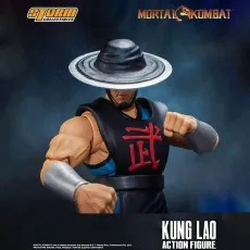 A close-up of the Mortal Kombat Kung Lao action figure, showing his face and hat.