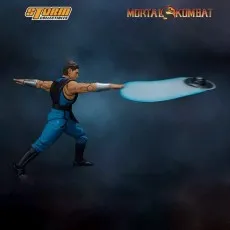 An action figure of Kung Lao, a male ninja, in his blue and black suit, in a dynamic throwing pose.