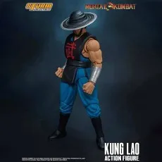 The Kung Lao action figure from Mortal Kombat, wearing his traditional outfit and razor-rimmed hat.