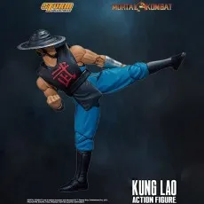 The Mortal Kombat Kung Lao action figure in a high kick, fighting pose.