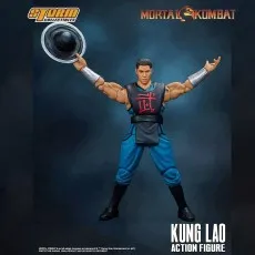 The Mortal Kombat Kung Lao action figure, holding his razor-rimmed hat above his head.