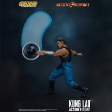 The Mortal Kombat Kung Lao action figure, using his razor-rimmed hat as a spinning weapon.
