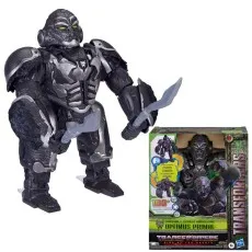 An Optimus Primal figure in robot form, with glowing green eyes and holding a weapon, next to its box.