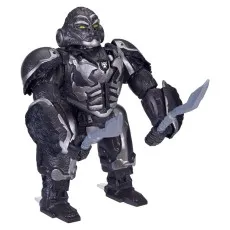 A Transformers Optimus Primal action figure in gorilla robot mode, holding two translucent swords.