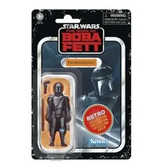 A retro-style Star Wars action figure of the Mandalorian, Din Djarin, in his armor, with a blaster and rifle.