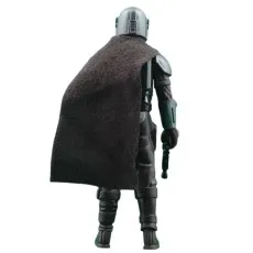 The back view of a Mandalorian action figure, showing his dark brown cape and helmet.