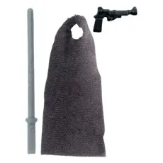 Accessories for a Mandalorian action figure a gray cape, a long staff, and a black blaster.