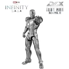 A full-body shot of the Iron Man Mark II figure, in a polished silver suit, with its palm facing forward.