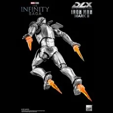 The Iron Man Mark II action figure flying, with open back flaps and orange repulsor blast effects.