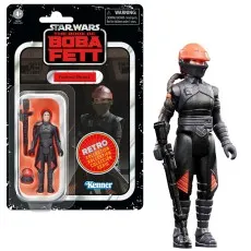 A Star Wars Retro Collection action figure of Fennec Shand, displayed in and out of her packaging.