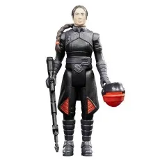 An action figure of Fennec Shand holding her helmet and rifle, with her hair in a braid.