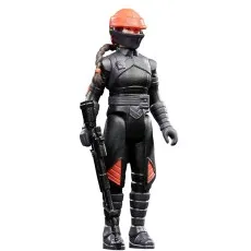 An action figure of Fennec Shand wearing her helmet and black armor, holding a rifle.