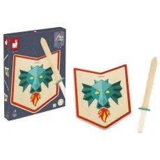 A boxed Janod wooden toy set with a shield featuring a blue dragon head and a simple wooden sword
