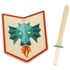 A wooden toy set featuring a shield with a stylized blue dragon head and a wooden sword