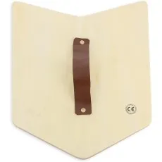 The back of a wooden toy shield, showing a brown leather-look handle strap attached with two brass-colored studs