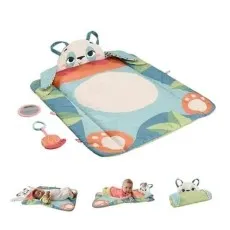 A soft baby tummy time mat and pillow with a panda design, featuring blue, green, and orange colors, shown with small toys and in use