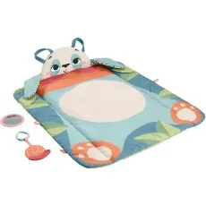 A baby tummy time mat with a panda pillow, snail rattle, and pink mirror