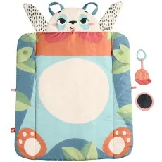 A soft, rectangular baby tummy time mat with a panda face pillow and two small toys