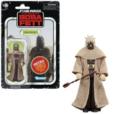 A Tusken Warrior action figure from Star Wars, shown packaged in a retro-style card and as a loose figure.
