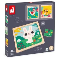 dark box containing three Janod wooden tray puzzles for toddlers a bunny, a hen, and a cat