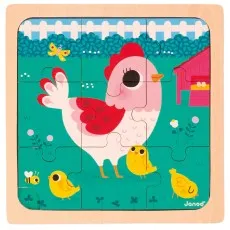 A colorful wooden 9-piece tray puzzle for toddlers featuring a pink and white hen with three yellow chicks