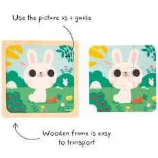 A side-by-side view of the wooden bunny puzzle assembled in its tray and disassembled into 9 pieces, with instructional text