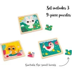 Three wooden Janod 9-piece tray puzzles bunny, cat, and hen, with text noting they are for small hands