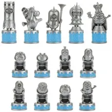 A close-up of the silver-colored chess pieces from the set, each styled as a Minion character on a blue base