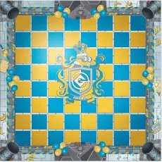 A full chess set with silver and gold steampunk Minion pieces on a blue and yellow board