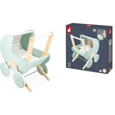 The mint-green wooden toy pram next to its dark blue retail box with images of the pram