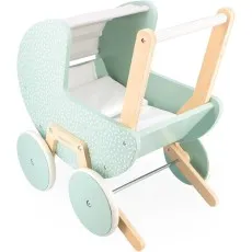 A mint-green wooden toy pram with white leaf pattern and light wood accents