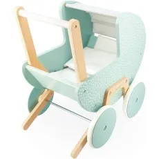 A wooden toy doll pram in mint green with a white leaf pattern, natural wood frame, and a white handlecanopy