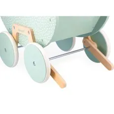 Close-up of the light mint green and natural wood wheels and base of a Janod wooden toy pram