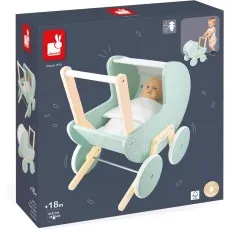 The dark blue retail box for the Janod wooden doll pram showing the mint green pram with a doll and a toddler pushing it