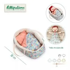 A promotional image for a Lilliputiens toy doll carrycot (30 cm) with a floral pattern, sherpa lining, and insets showing the carrycot with a doll