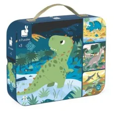 A Janod brand 4 Puzzles set for ages 3 and up, featuring dinosaur illustrations on the box.