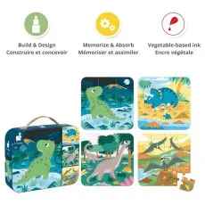 A puzzle product shot showing its features Build & Design, Memorize & Absorb, and Vegetable-based ink. The puzzles are of dinosaurs.