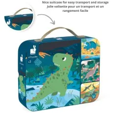 A close-up of a Janod dinosaur puzzle box designed for easy transport and storage. The box has a handle.