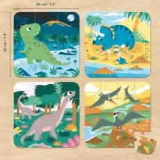 A set of four square dinosaur puzzles, each measuring 20cm (7.9 inches). One puzzle piece is on the side.