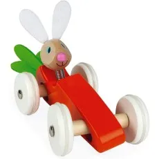 A wooden toy car with an orange carrot body, a rabbit head on a spring, felt earsleaves, and whitewood wheels